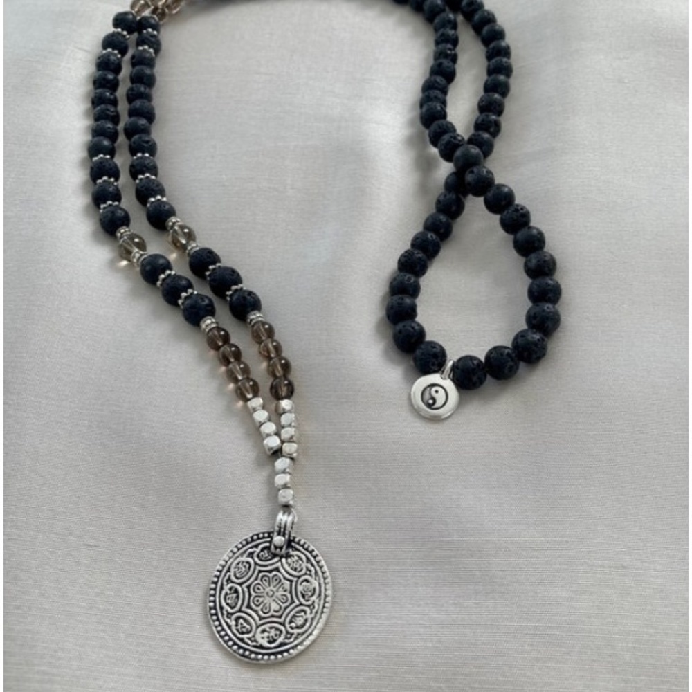 Lava rock and smokey quartz hand made mala necklace